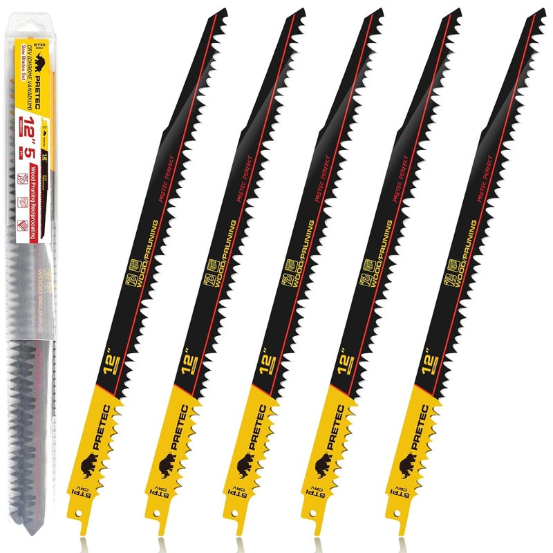 PRETEC Wood Pruning Reciprocating Saw Blades, 12 Inch Pruning Blades for Reciprocating Saw, High Carbon Steel Reciprocal Saw Blades for Tree Trimming, Wood Cutting with Organizer Case, (5 Pack/5TPI) - Image 1